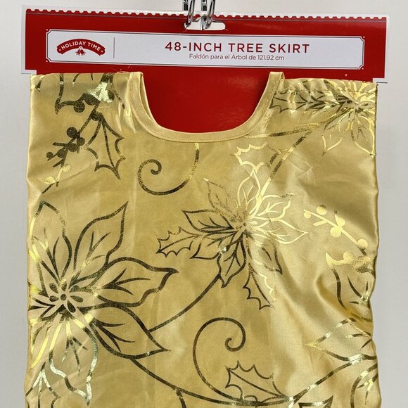 Holiday Time Gold 48-Inch Round Christmas Tree Skirt Poinsettia Holly Leaves NEW - Picture 4 of 6